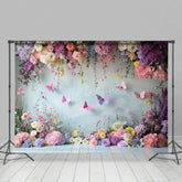 Aperturee - Aperturee Spring Colorful Floral Butterfly Cake Smash Backdrop